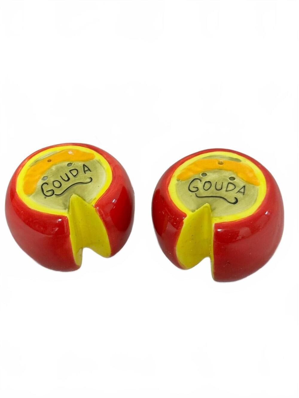 Gouda Cheese Wheel Ceramic Salt and Pepper Shakers Set Red Yellow
